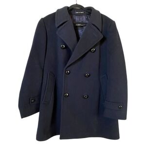 Saks Fifth Ave Mens Navy Blue Peacoat Wool & Cashmere Bust Size 44 Plaid Lining
